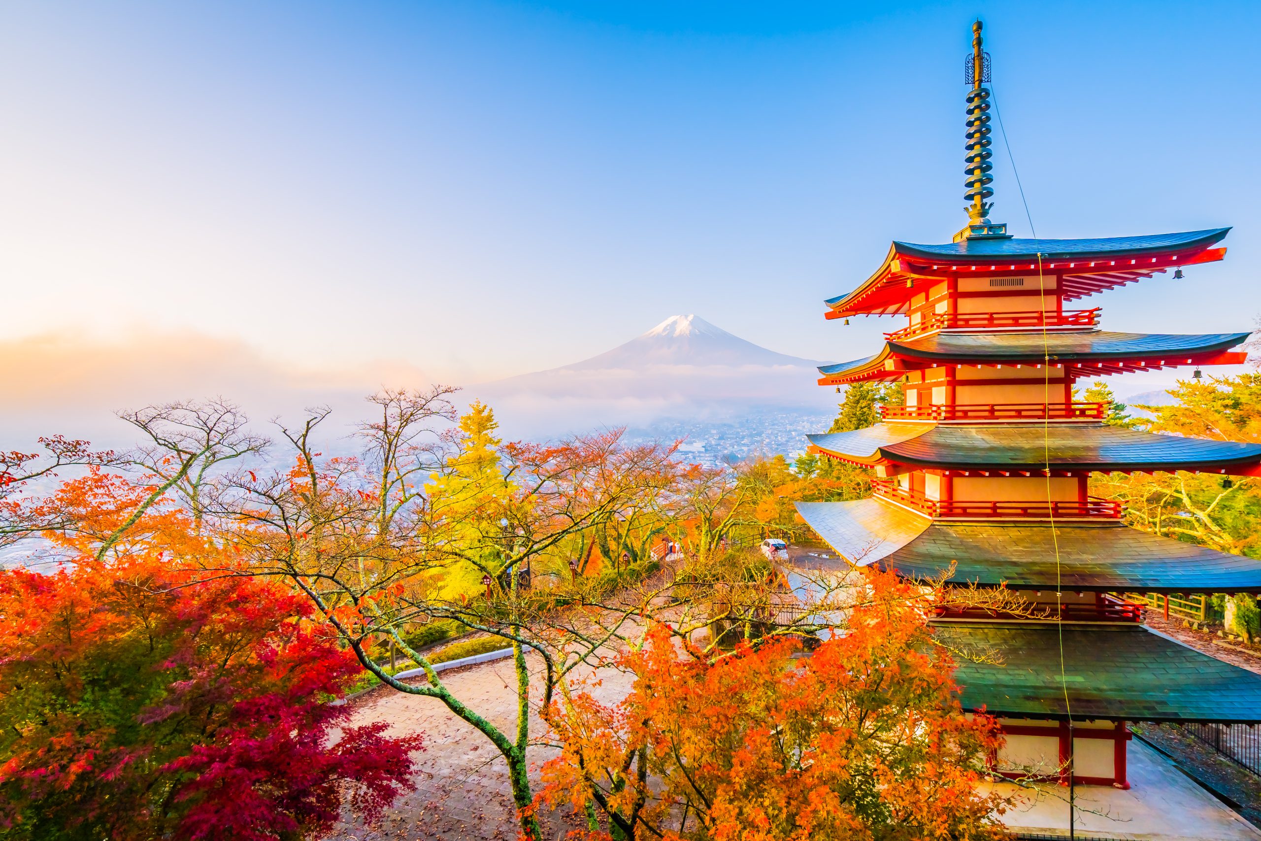 Beautiful landscape of mountain fuji with chureito pagoda around maple leaf tree in autumn season at Yamanashi Japan