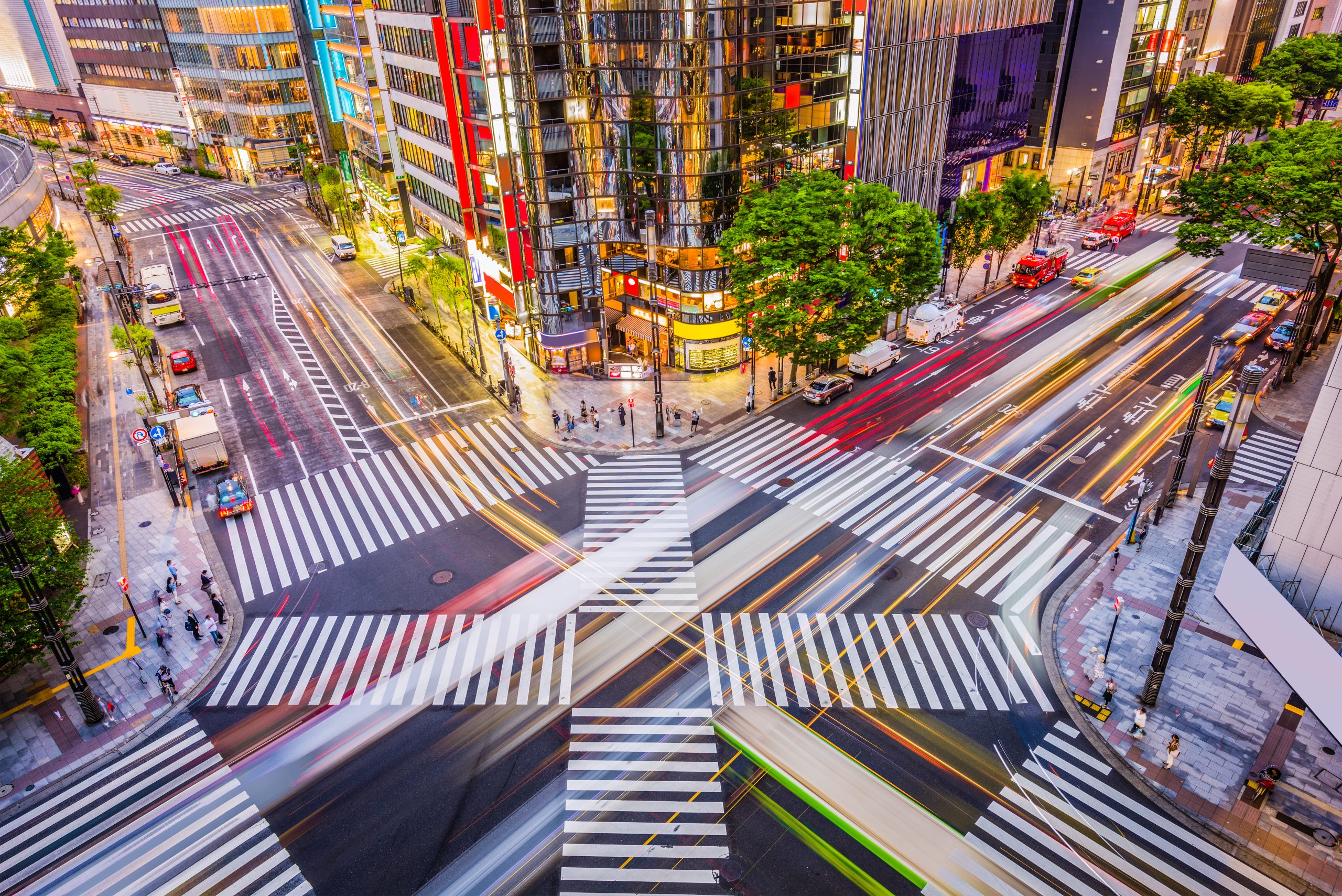 Tokyo, Japan cityscape and crosstown traffic in the Ginza District.